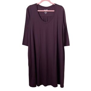 Wool& Dress Womens Large Long Purple Rowena Swing Merino Wool 3/4 Sleeve Pockets